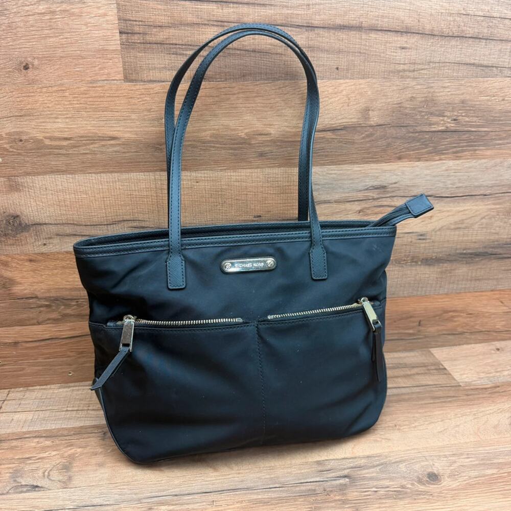 Michael Kors Kempton Black Nylon Tote Bag Leather Trim Shoulder Purse Zip Top